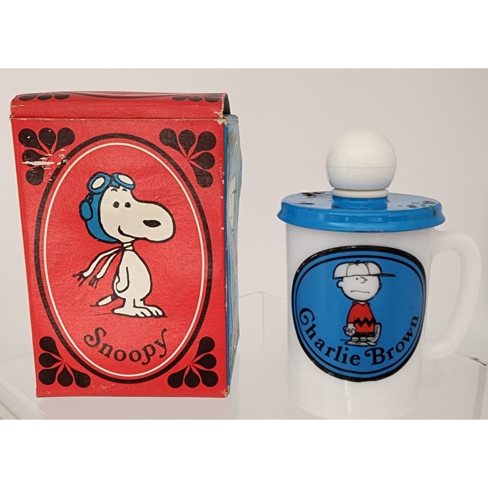 Avon Charlie Brown Milk Glass Mug Kids White Blue Vintage 1969 Peanuts Box